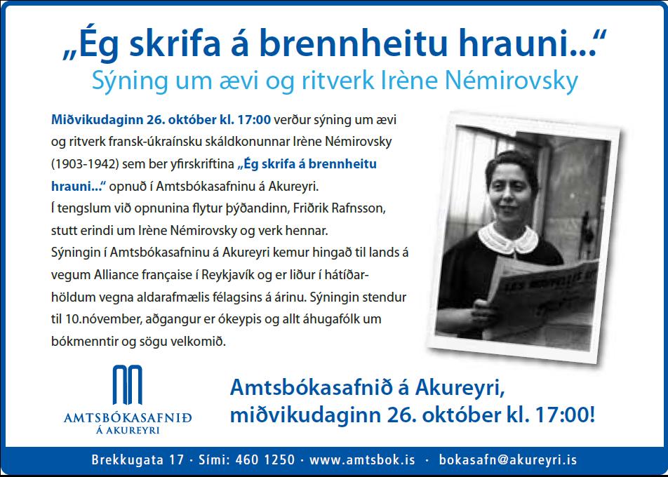 Auglýsing um sýningu um Irene Némirovsky