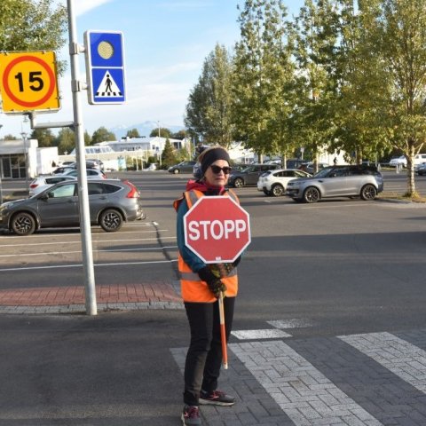 Sjálfborðaliðar úr röðum Virkra efri ára og EBAK mönnuðu gatnamót og gangbrautir. Mynd tekin af Facebook-síðunni Virk efri ár.